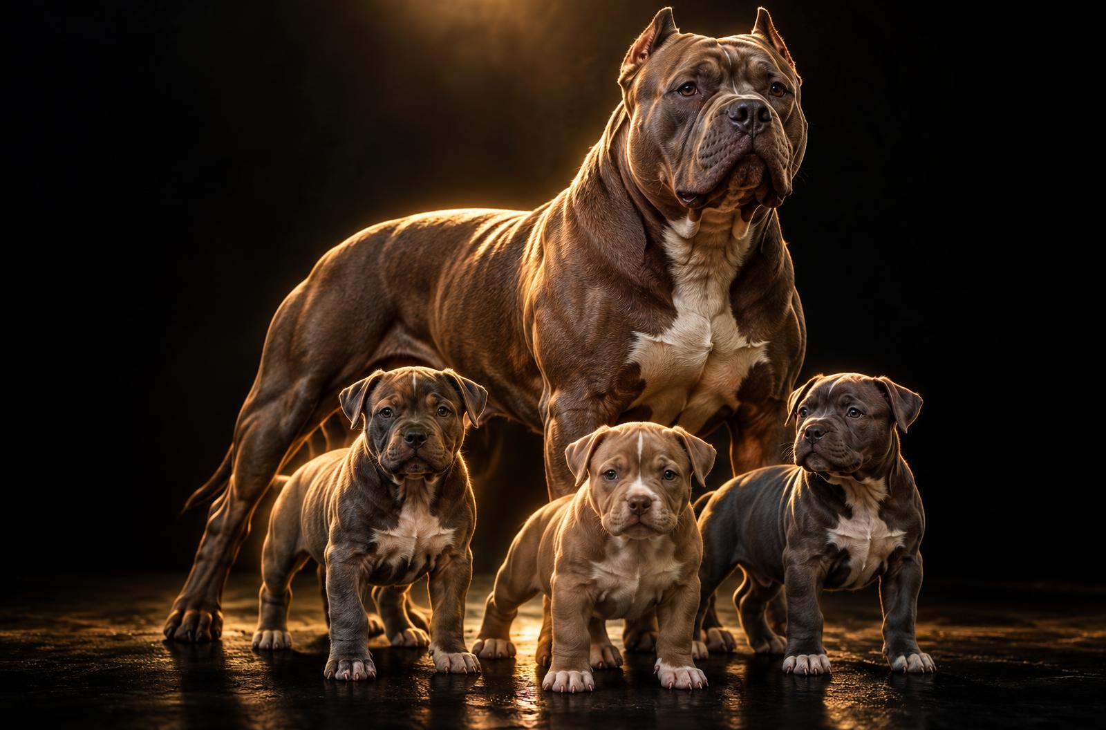 A powerful Pit Monster dog standing with three puppies in a dark studio